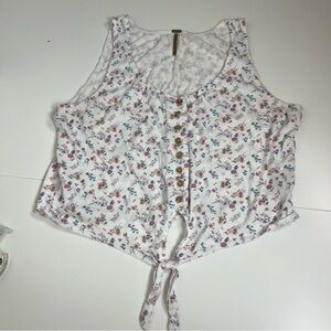 90s Inspired-Harlow Floral Button-Down Tie-Front Crop Tank Top - Size Large